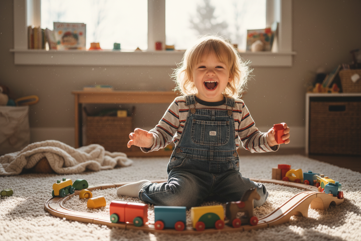 一個可愛的美國/西方小朋友正在開心玩玩具的高畫質照片