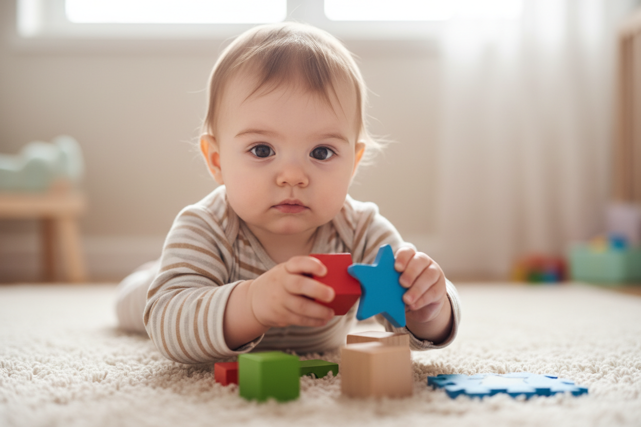 一張寶寶專注地在玩積木、拼圖,或是眼神很認真的照片(不要看鏡頭,要看玩具)。