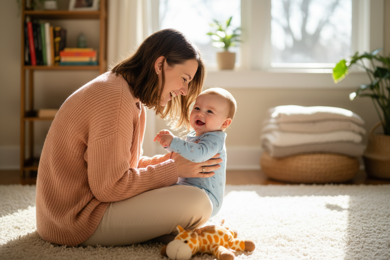 媽媽或爸爸坐在地毯上跟寶寶一起笑、一起互動的溫馨合照。