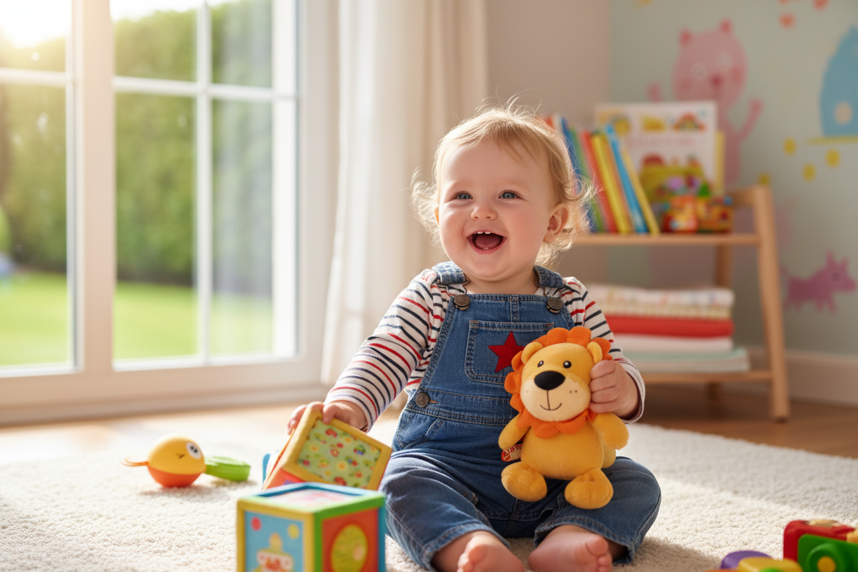 一個可愛的美國/西方寶寶正在開心玩玩具的高畫質照片