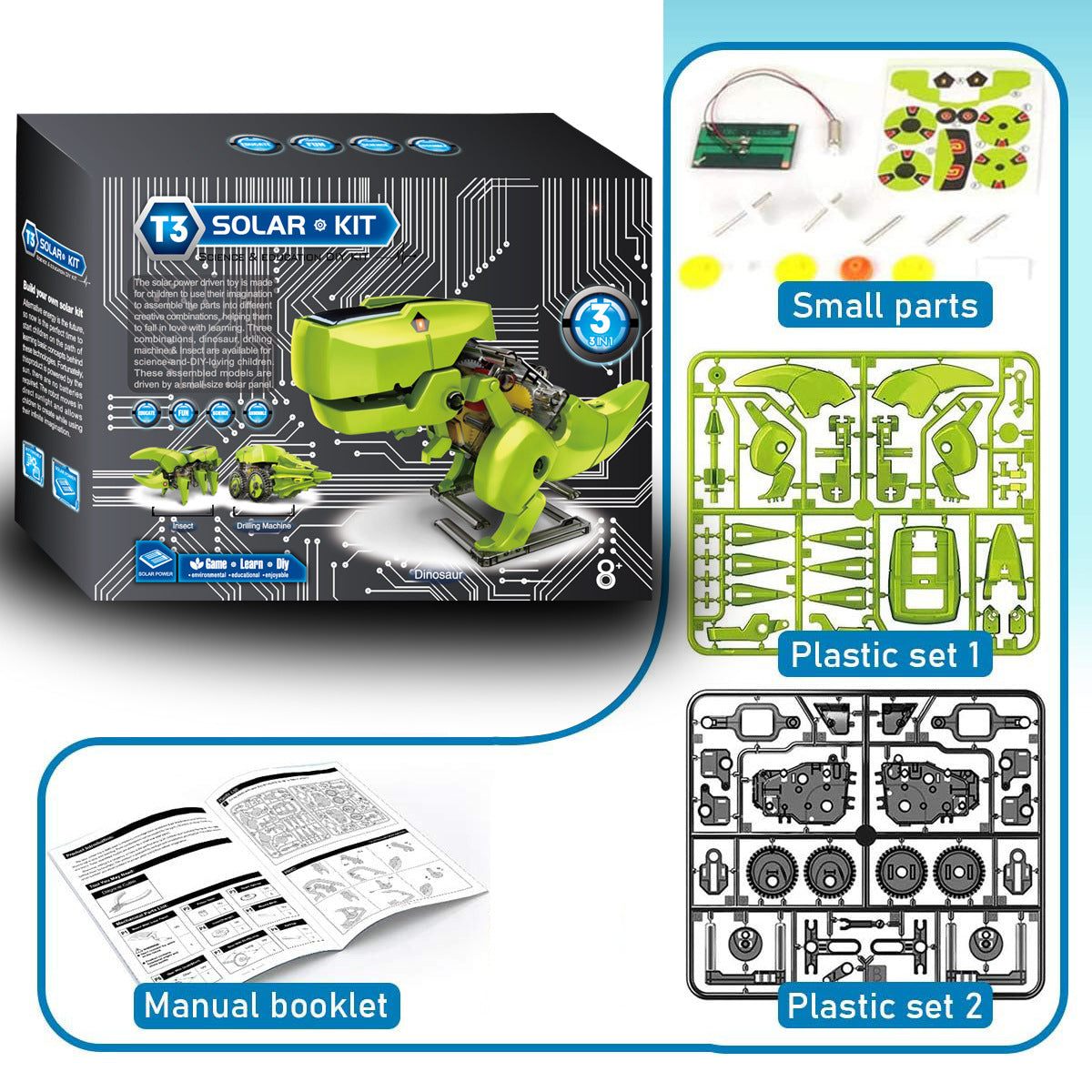 Cross-Border DIY Assembling Educational Toys 3-in-1 Self-Assembled Dinosaur Solar Toy Car3Combination1Intelligent Robot
