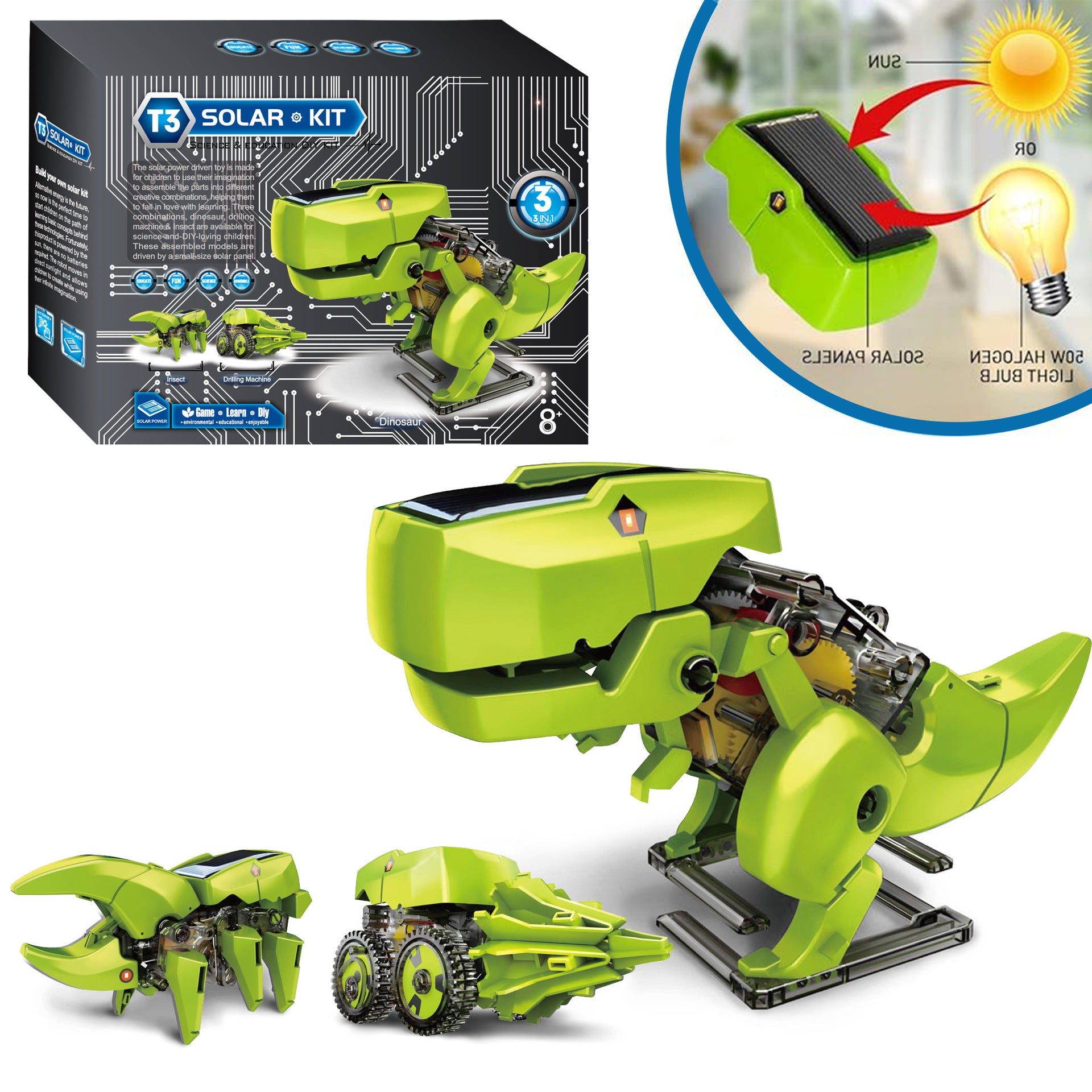 Cross-Border DIY Assembling Educational Toys 3-in-1 Self-Assembled Dinosaur Solar Toy Car3Combination1Intelligent Robot